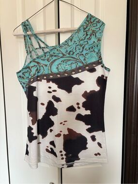 Aqua Paisley & Black-Brown Cowprint Asymmetrical Women’s Tank Top